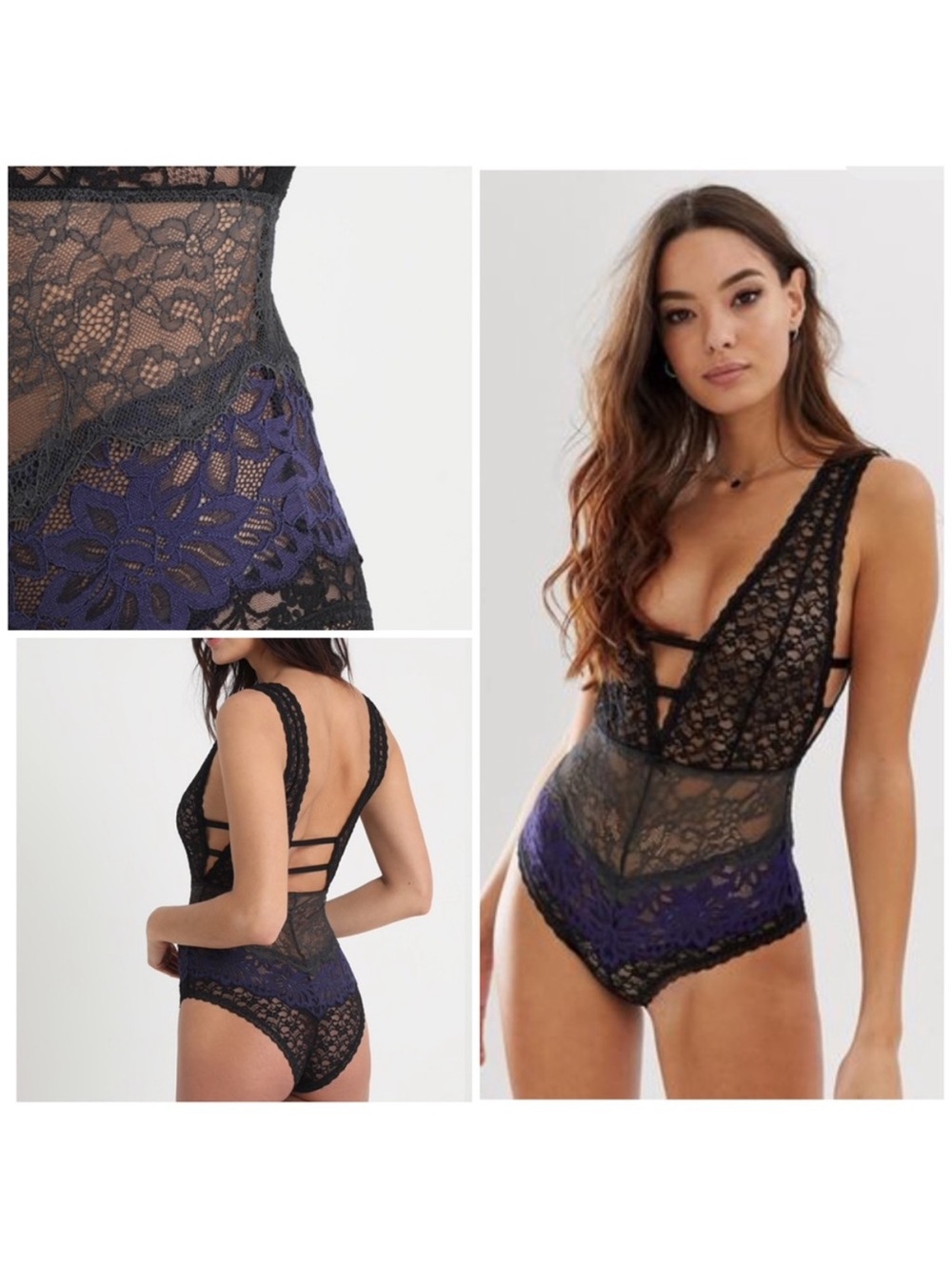 Free People Not Yours Sheer Lace Black Gray Purple Plunge Bodysuit Small